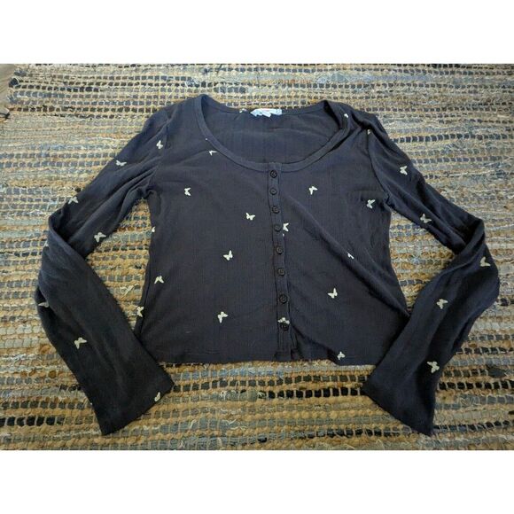 Navy Butterflies M Cyber Grunge L/S Scoop Neck Thin Knit Front Button Crop Sweat - Picture 2 of 6